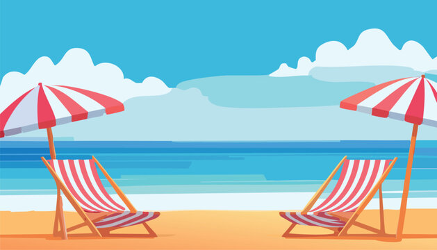 Summer beach illustration with umbrella and deck chairs by the sea