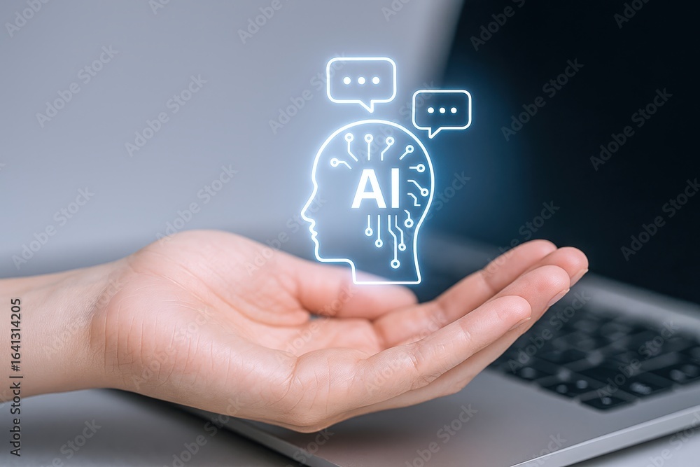 Poster artificial intelligence concept: hand presenting ai head icon with circuit board and communication b