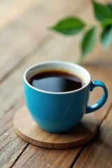 Rich dark coffee in a vibrant blue mug, light wood background , cappuccino, mug