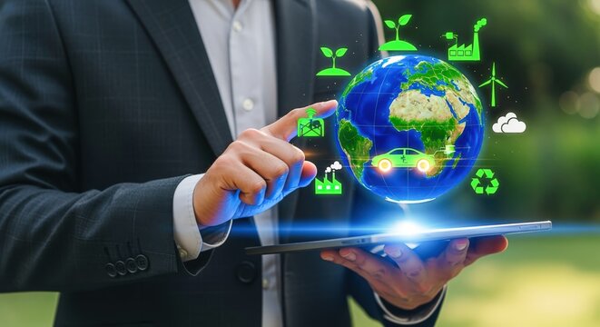 Businessman using tablet displaying earth hologram with green technology icons, symbolizing environmental awareness and sustainable development - Powered by Adobe