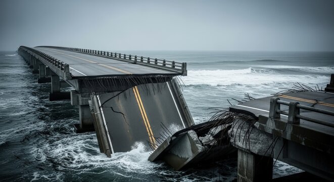Collapsed ocean bridge due to storm damage