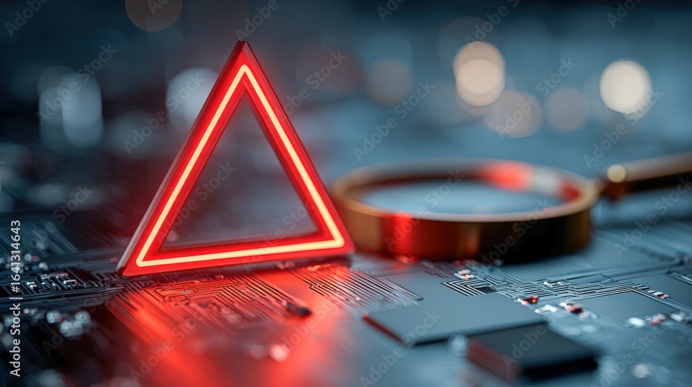 Poster red triangle alert on circuit board with magnifying glass: cyber security concept
