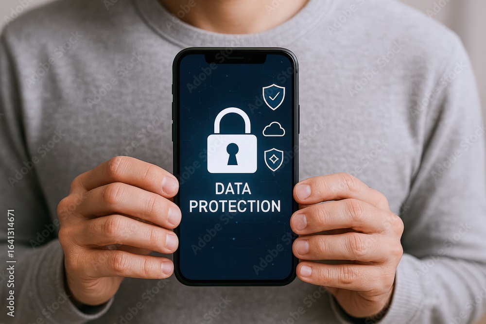 Poster mobile phone security: man holding smartphone displaying data protection concept with padlock and se