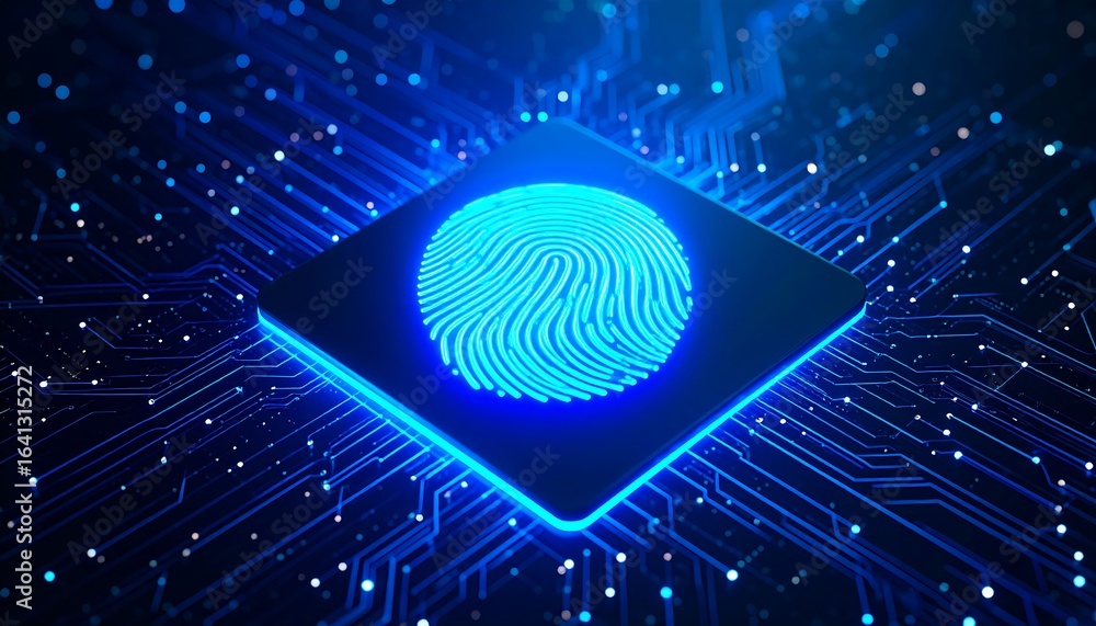 Poster a glowing fingerprint icon displayed on a circuit board.
