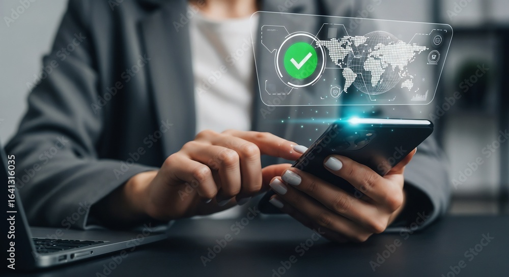 Poster close-up on a secure transaction concept, with a woman's finger on a phone displaying a holographic 