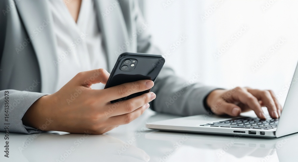 Poster close-up of a person working simultaneously on a laptop and a smartphone, symbolizing a busy, connec