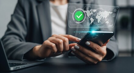 Close-up on a secure transaction concept, with a woman's finger on a phone displaying a holographic UI with a green "approved" icon and global data visualization.