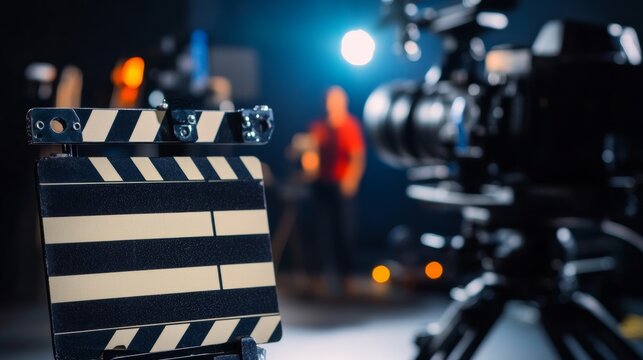 Close-up of movie clapperboard with film camera in background, authentic movie set atmosphere