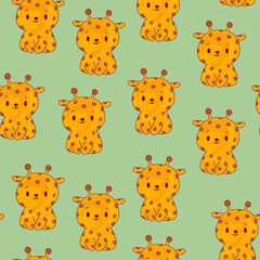 Toy yellow little giraffes seamless pattern. Icons of kind animals kids green wallpaper. Illustration for baby textiles and clothes