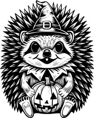 SVG of Halloween rodents wearing witch hats and posing with pumpkins. Adorable Hedgehog in Witch Hat Holding Halloween Pumpkin Design