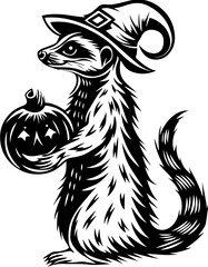 SVG of Halloween rodents wearing witch hats and posing with pumpkins. Playful Ferret in Witch Hat Holding Pumpkin for Halloween Festivities