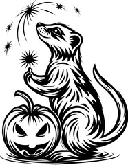 SVG of Halloween rodents wearing witch hats and posing with pumpkins. Playful Ferret with Pumpkin and Sparkles in Halloween Theme