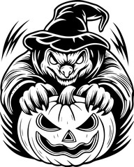 SVG of Halloween rodents wearing witch hats and posing with pumpkins. Spooky Witch with Pumpkin Illustration for Halloween Decor