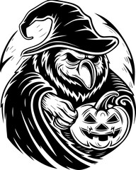 SVG of Halloween rodents wearing witch hats and posing with pumpkins. Spooky Owl in Witch Hat Holding Halloween Pumpkin Illustration