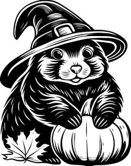 SVG of Halloween rodents wearing witch hats and posing with pumpkins. Whimsical Rabbit in Witch Hat Holding Pumpkin and Leaf Decoration