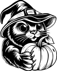 SVG of Halloween rodents wearing witch hats and posing with pumpkins. Cute Witch Cat Holding Pumpkin with Hat and Expressive Eyes