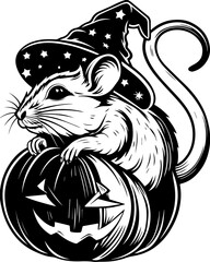 SVG of Halloween rodents wearing witch hats and posing with pumpkins. Halloween Mouse in Wizard Hat Sitting on Jack-o'-Lantern Pumpkin