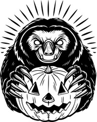 SVG of Halloween rodents wearing witch hats and posing with pumpkins. Spooky Bear Holding Halloween Pumpkin with Creepy Expression