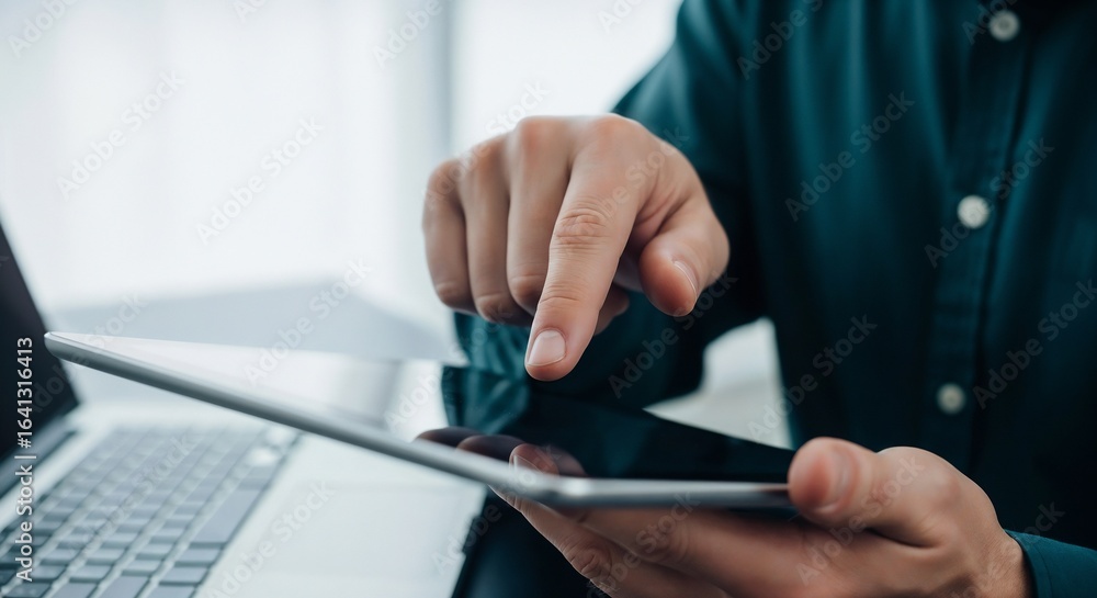 Aufkleber a close-up of a man's finger pointing at and interacting with the screen of a tablet computer, with 