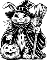 SVG of Halloween rodents wearing witch hats and posing with pumpkins. Halloween Rabbit in Witch Costume with Pumpkin and Broomstick Image