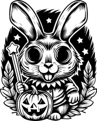 SVG of Halloween rodents wearing witch hats and posing with pumpkins. Cute Halloween Bunny Illustration with Pumpkin and Magic Wand