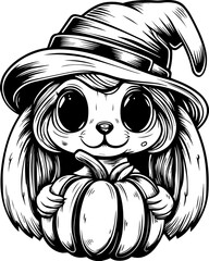 SVG of Halloween rodents wearing witch hats and posing with pumpkins. Cute Bunny in Witch Hat Holding Pumpkin for Halloween Celebration