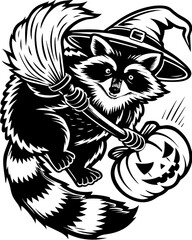 SVG of Halloween rodents wearing witch hats and posing with pumpkins. Whimsical Raccoon with Witch Hat and Broom Holding Pumpkin