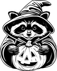 SVG of Halloween rodents wearing witch hats and posing with pumpkins. Cute Raccoon in Halloween Costume Holding Pumpkin Illustration