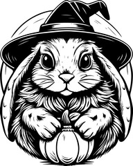 SVG of Halloween rodents wearing witch hats and posing with pumpkins. Adorable Bunny in Witch Hat Holding Pumpkin for Halloween Celebration