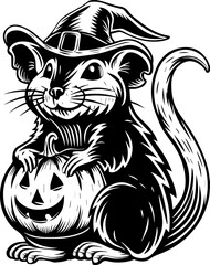 SVG of Halloween rodents wearing witch hats and posing with pumpkins. Cute Halloween Mouse with Pumpkin and Witch Hat for Spooky Designs