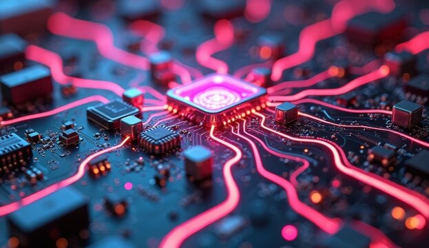 Futuristic cyberpunk motherboard with glowing neural synapses in vibrant pink and cyan, sleek dark metal, and fiber-optic details, ideal for sci-fi and tech-themed designs