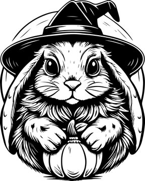 SVG of Halloween rodents wearing witch hats and posing with pumpkins. Adorable Bunny in Witch Hat Holding Pumpkin for Halloween Celebration