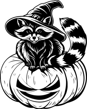 SVG of Halloween rodents wearing witch hats and posing with pumpkins. Cute Racoon with Witch Hat Sitting on Pumpkin for Halloween Decor