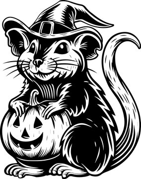 SVG of Halloween rodents wearing witch hats and posing with pumpkins. Cute Halloween Mouse with Pumpkin and Witch Hat for Spooky Designs