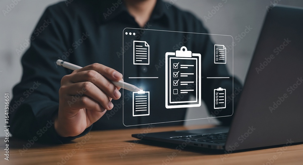 Poster a person uses a stylus to check off items on a digital checklist that is displayed as a hologram abo