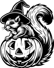 SVG of Halloween rodents wearing witch hats and posing with pumpkins. Squirrel Wearing Witch Hat on Halloween Pumpkin Illustration