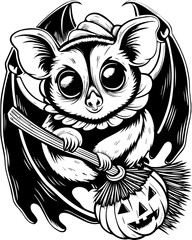 SVG of Halloween rodents wearing witch hats and posing with pumpkins. Whimsical Bat Character with Pumpkin and Broom for Halloween Decor