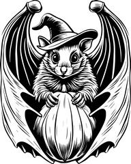 SVG of Halloween rodents wearing witch hats and posing with pumpkins. Adorable Bat with Pumpkin and Witch Hat in Halloween Theme Design