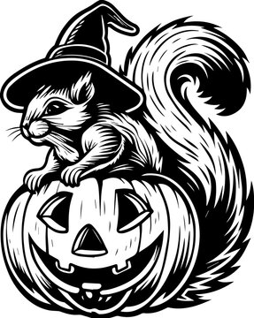 SVG of Halloween rodents wearing witch hats and posing with pumpkins. Squirrel Wearing Witch Hat on Halloween Pumpkin Illustration