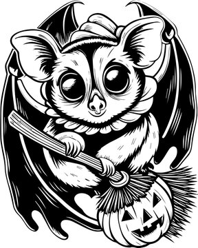 SVG of Halloween rodents wearing witch hats and posing with pumpkins. Whimsical Bat Character with Pumpkin and Broom for Halloween Decor