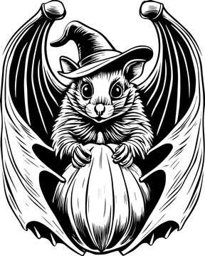 SVG of Halloween rodents wearing witch hats and posing with pumpkins. Adorable Bat with Pumpkin and Witch Hat in Halloween Theme Design