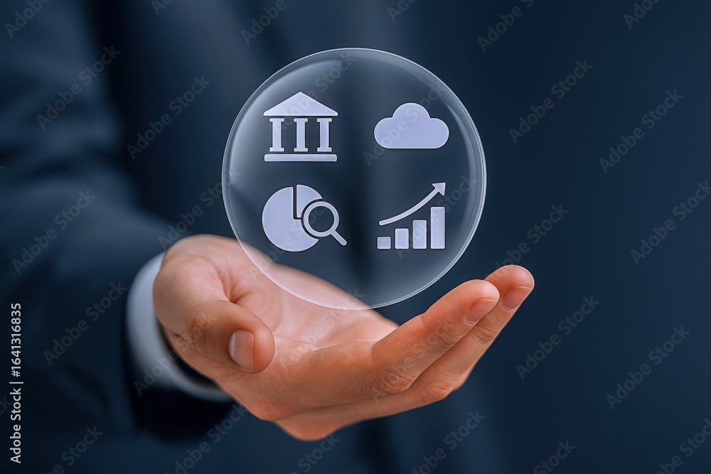 Poster financial technology investment in a bubble representing data analytics, cloud computing and banking