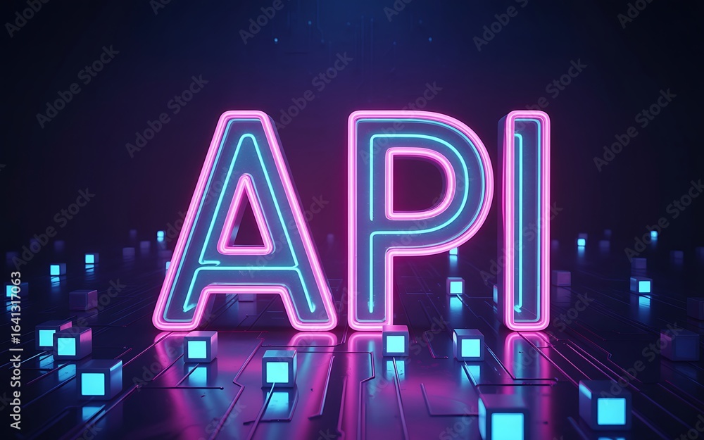 Poster luminous neon api sign on a futuristic digital surface. a 3d illustration representing an applicatio