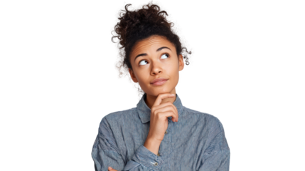 A woman with curly hair thoughtfully looking up, dressed in a casual shirt, isolated on a white background.