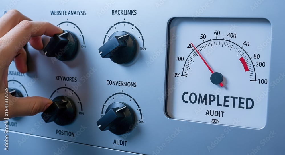 Aufkleber seo dashboard concept: hand adjusting knobs for website analysis and performance optimization
