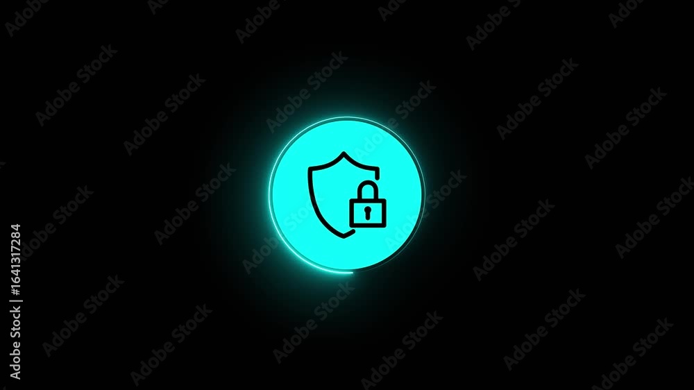 Aufkleber glowing cyan neon security icon with shield and lock for cybersecurity and data protection, ui butto