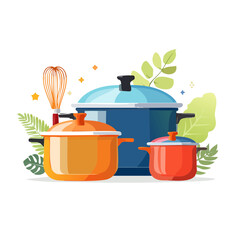 Cooking pots and whisk kitchen tools with plant elements flat design vector illustration