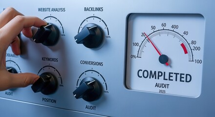 SEO Dashboard Concept: Hand Adjusting Knobs for Website Analysis and Performance Optimization