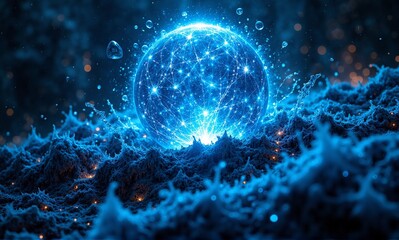 Fototapeta premium A luminous blue energy sphere emanates intense light, rising from a vibrant, alien landscape amidst a cosmic glow.