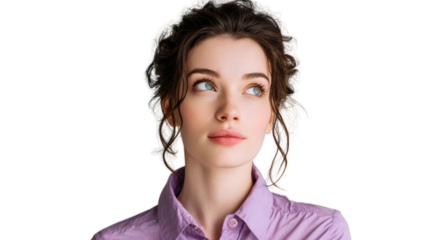 A young woman with curly hair looking thoughtful against a white isolated background.